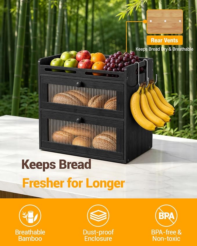 Bread Box for Kitchen Countertop, 2-Tier Bamboo Bread Storage Container with Acrylic Window, Raised-Rail Top Shelf and 2 Banana Hooks, Farmhouse Counter Organizer for Pantry, Black