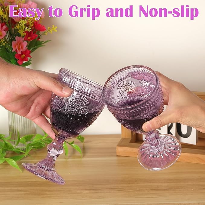 Pack of 12 Glass Goblets Wine Glassware, 10 oz, Purple | Wine Glasses, Not Dishwasher Safe,Wedding Glass Set, Embossed Drinking Glasses Cups for Thanksgiving Wedding Party Bar