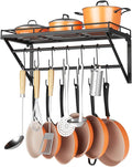 OROPY 23 Inch Wall Mounted Pot Rack Storage Shelf with 2 Tier Hanging Rails 12 S Hooks included, Ideal for Pans, Utensils, Cookware, Plant Black