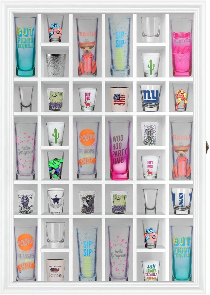 Shot Glass Display Cabinet Solid Wood - Large Display Case for Collectibles | Man Cave Accessories | UV Protection Acrylic Door | Wall Mounted Black Shadow Box | 36 Divided Slots (26 x 18 White)