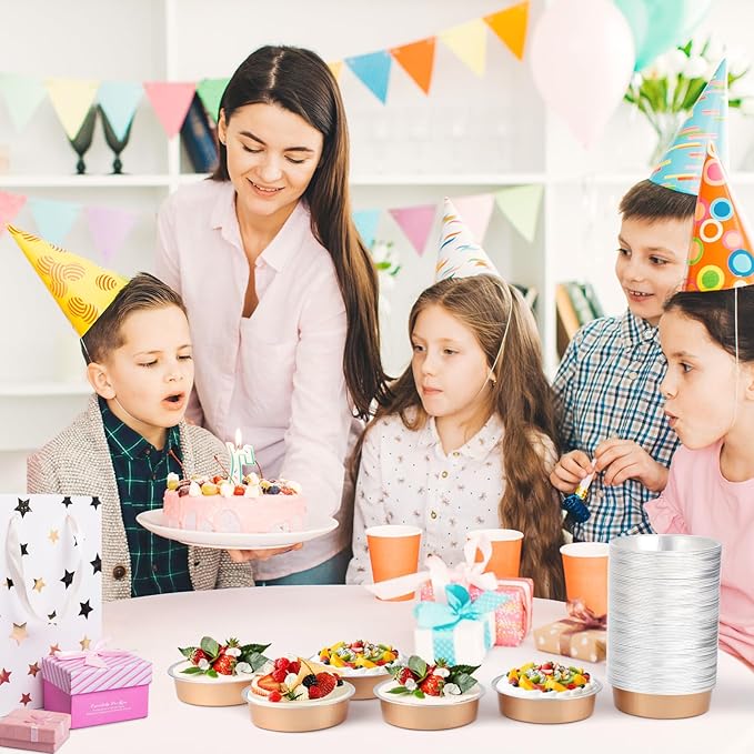 Beasea Aluminum Foil Ramekins, 7.3oz 100 Pack 4 Inch 215ml Disposable Ramekins Foil Cups No Lids Baking Ramekin Cup Cupcake Aluminum Mini Baking Cups for Party - Rose Gold
