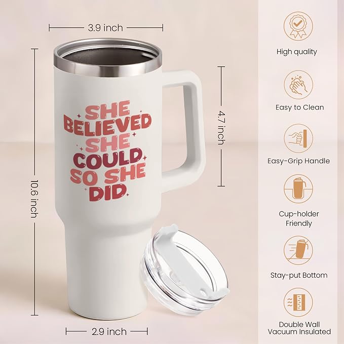 SANDJEST Graduation Gift for Women She Believed She Could So She Did Tumbler 40oz Stainless Steel Insulated with Handle and Straw - New Job, Going Away, Inspirational Design