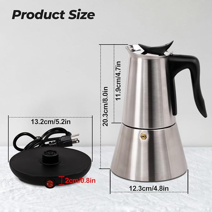 Electric Stainless Steel Moka Pot 6 Cup 300ml Mocha Pot Espresso Maker with Detachable Base Ideal Coffee Maker for Home Italian and Cuban Café Coffeemaker Espressomaker Coffee Pot