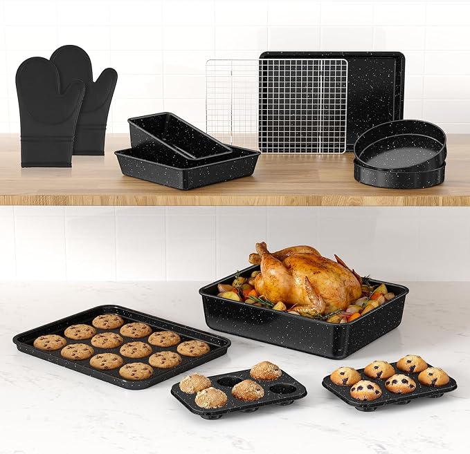 Wildone 13-Piece Baking Pans Set Nonstick - Stackable Bakeware Sets Including Cookie Sheets for Baking, Rack, Muffin Pan, Cake pan, Loaf Pan, Roasting Pan, Heavy Duty & Easy Clean, Black