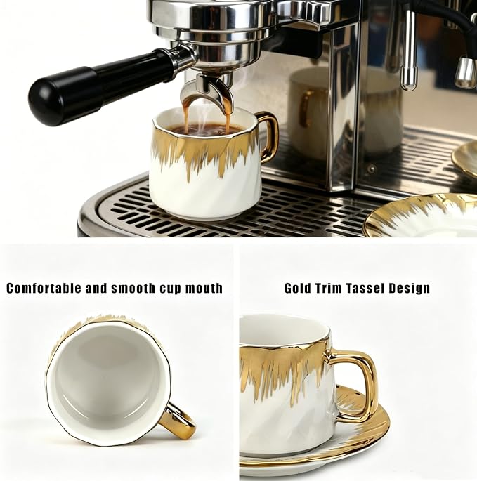 Coffee Cup Set of 6 with Saucers, 3.5 OZ Ceramic Espresso Cups Set, Gold Trim Turkish Coffee Cup Gift for Double Shot, Latte, Cafe Mocha and Tea, Dishwasher & Microwave Safe