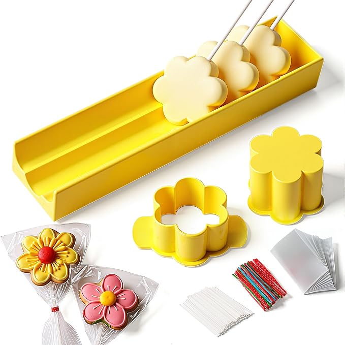 Flower Cutter, Flower Mold Set with 9in Tray, Cake Pop Mold with 100 Sticks, 100 Bags and 100 Ribbons, Baking Tools for Baby Shower Home Birthday Parties Wedding Desserts