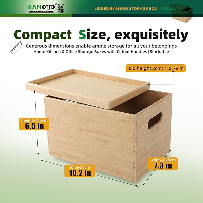 BAMOTTO CRAFTBAMBOO 10.2”x7.3”x6.5” Lidded Storage Bins - Stackable Bamboo Box/Cube/Basket with Handles for Home Kitchen Office, Organize Tableware Clothing Toys Books