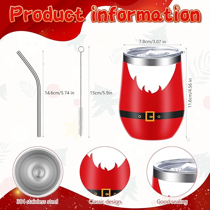 Ziliny 6 Pieces Christmas Wine Tumbler 12 oz Xmas Insulated Stainless Steel Wine Cups with Lid and Straw Funny Coffee Mugs with Brush for Holiday Wedding Party Gifts(Vintage Style)