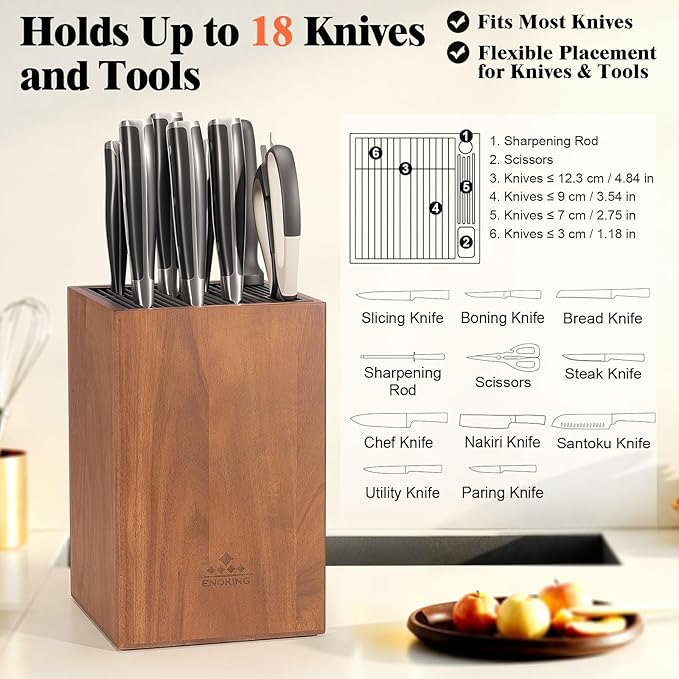 Acacia Wood Universal Knife Block with Plastic Slot Top, Kitchen Knife Holder for Knives, Scissors & Sharpening Rod, Easy-Clean Countertop Storage Organizer