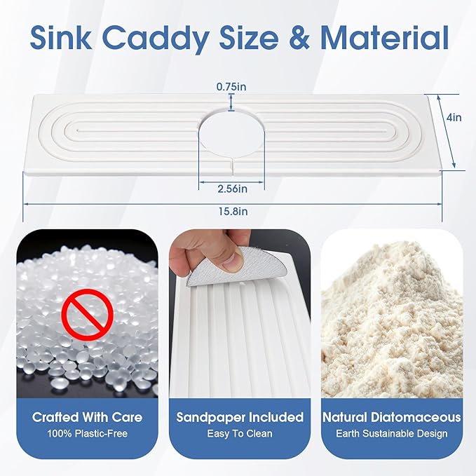 Kitchen Sink Faucet Mat, Water Absorbent Diatomite Stone Sink Tray, Diatomite Fast-Drying Faucet Mat, Prevents Moisture Buildup, Durable Protector for Bathroom Counter, White, 15.8" x 4"