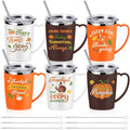 6 Pcs Thanksgiving Coffee Mugs Cups 16 Oz Fall Stainless Steel Insulated Tumblers Bulk with Handle Lid Straw Brushes Happy Thanksgiving Pumpkin Turkey Mugs Thankful Gifts for Party Birthday