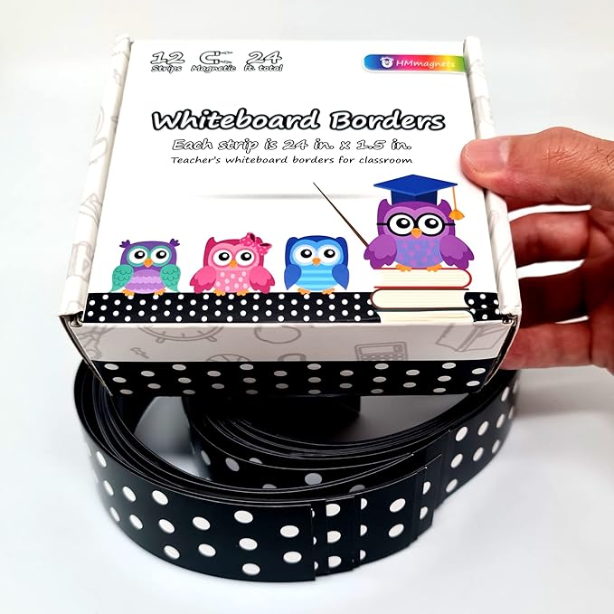 Strong & Wide Magnetic Borders for Classroom Whiteboard - Visible Magnetic Strips for Teachers (4 Designs Available) | Straight Polka Dot - Black | 12 Strips of 24X1.5 Inch - 24 Feet Total