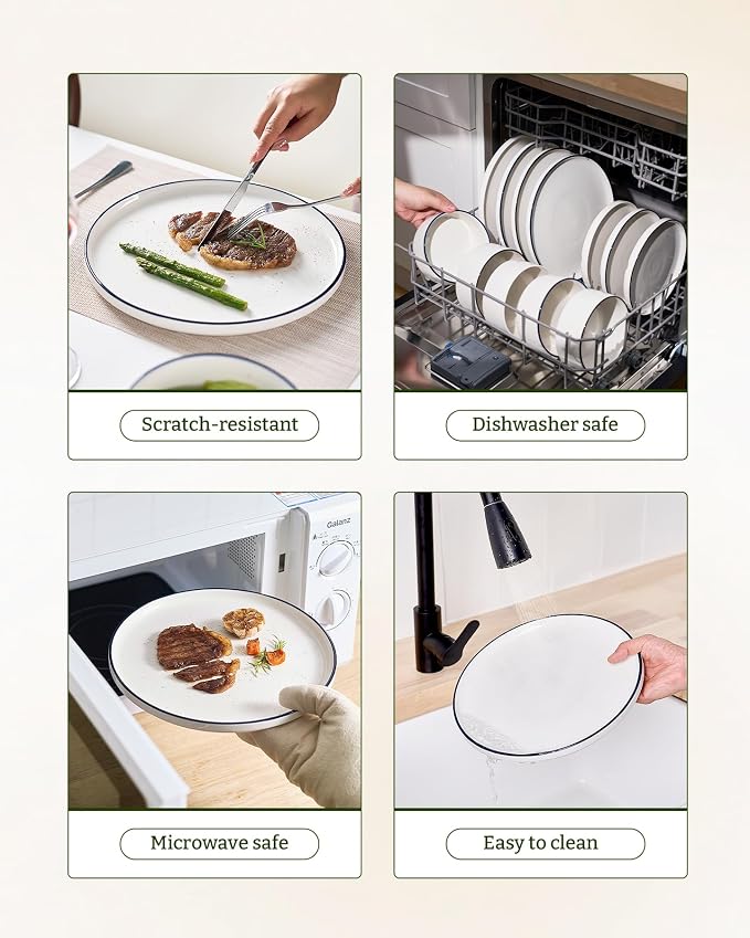 Famiware Porcelain Dinnerware Set, 12-Piece Modern Plate and Bowl Set, Dish Set for 4, Microwave and Dishwasher Safe Tableware, White with Black Trim