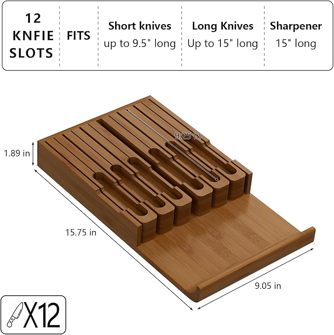 Domax Bamboo In-drawer Knife Block - Kitchen Knife Drawer Organizer Insert, Steak Knife Holder Without Knives, Drawer Knife Organizer Fits for 12 knives and 1 Sharpening Steel (Not Included), Walnut