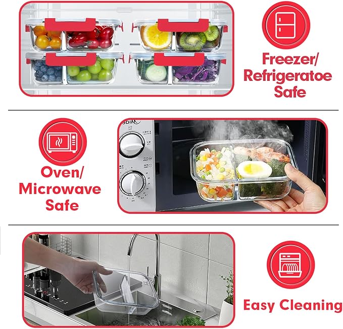 VERONES 10 Pack Glass Meal Prep Containers 2 Compartment Set, 30 OZ Airtight Glass Lunch Containers, Glass Food Storage Containers with Lids, for Microwave, Oven, Freezer & Dishwasher Friendly，Red