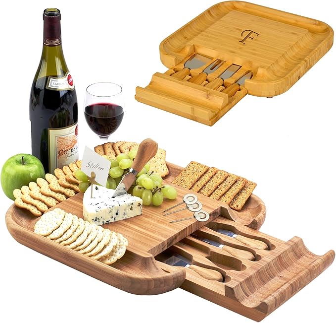 Picnic at Ascot Personalized Monogrammed Engraved Bamboo Cutting Board for Cheese & Charcuterie with Knife Set & Cheese Markers- Designed & Quality Checked in USA