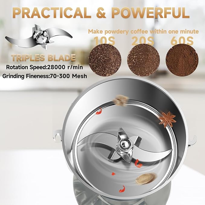 350g Grain Grinder 1500W Electric Spice Grinder High-Speed Stainless Steel Flour Mill Suitable for Coffee/Corn/Pepper/Herbs/Wheat/Rice