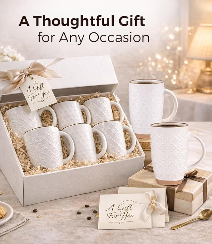 GBhome 20oz Large Coffee Mugs Set of 6, Handmade Tall Ceramic Coffee Mugs with Texture Patterns for Cappuccino, Latte,Hot Cocoa, Dishwasher & Microwave Safe-Off White