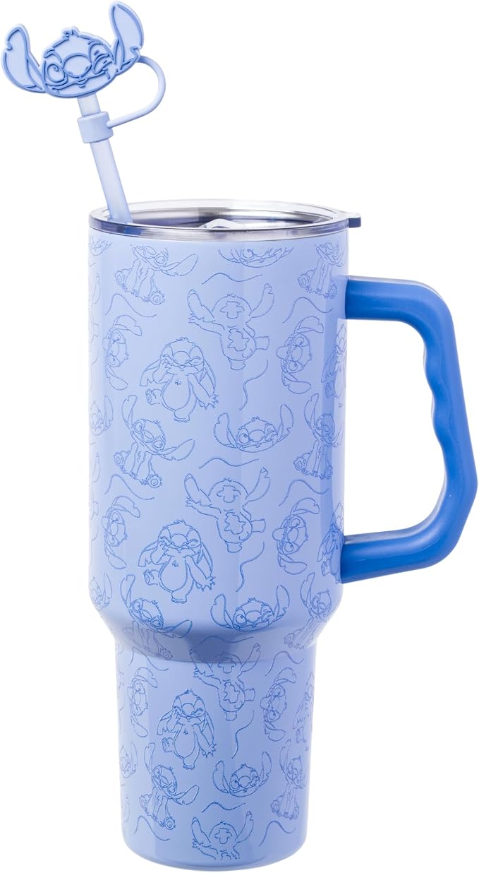 Silver Buffalo Disney Lilo and Stitch Poses Pattern Double Walled Stainless Steel Tumbler with Handle, Straw, and Straw Cap, Fits in Standard Cup Holder, 40 Ounces