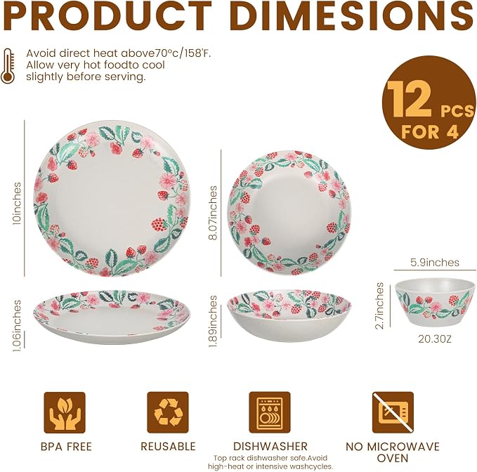 Unbreakable Dinnerware Set for 4 Natual Strawberry 12 Piece Melamine Wheat Straw BPA Free Lightweight Dishwasher Safe Shatter Resistant for Picnic Garden Breakfast