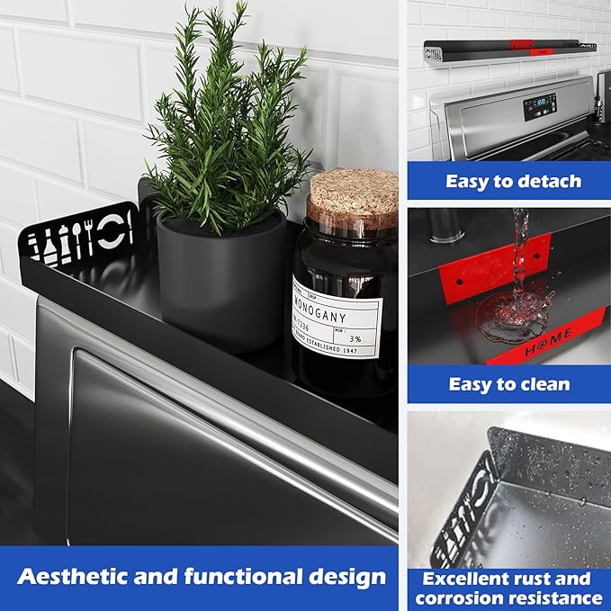 STUTOV 30" Magnetic Stove Top Shelf – Black Spice Rack with Red HOME Design – Seasoning Organizer for Back of Stove – Over Stove and Kitchen Storage Shelf