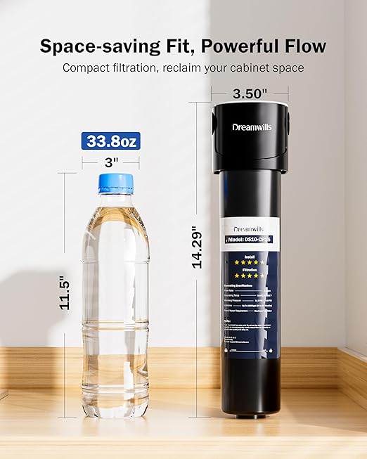 Dreamwills DS15 Under Sink Water Filter with CP15 Replacement Filter, Tool-Free Installation, Reduces Lead and Chlorine, 2-Year Long-Lasting Filtration System