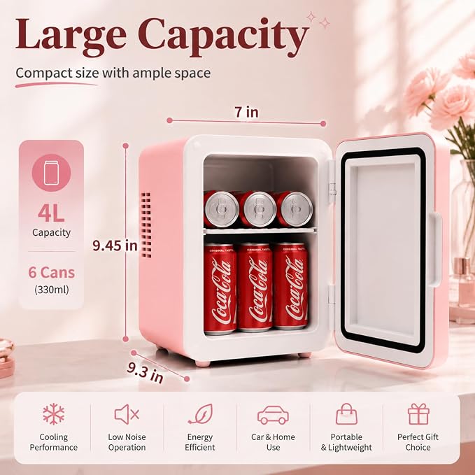 4 L / 6 Cans mini skincare fridge with Dimmable LED Light Mirror, Mini Fridge for Skin Care, Cosmetics, Beverage, Beauty Fridge for College Dorm, Office, Home, Car, Travel cooler and warmer (pink)
