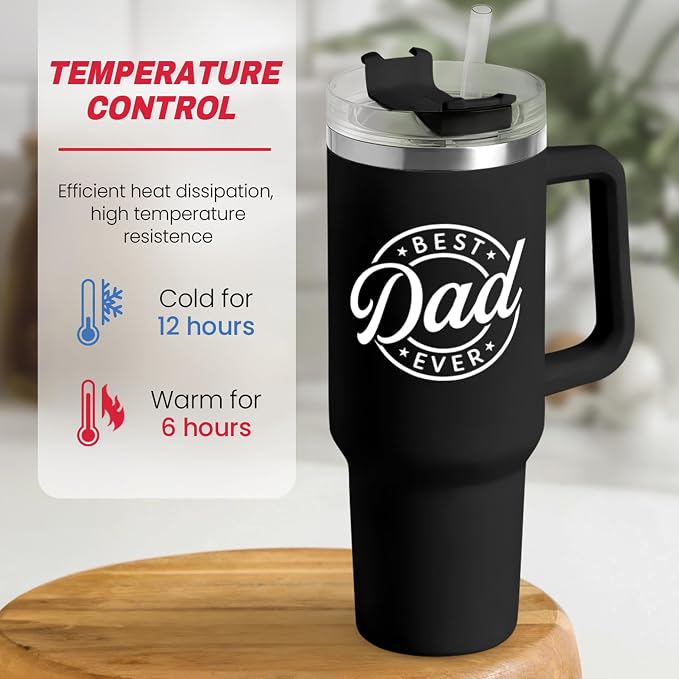 SANDJEST Best Dad Ever Tumbler with Handle - 40oz Stainless Steel Insulated Coffee Cup - Gift Set with Lid & Straw for Father’s Day, Birthday, Christmas