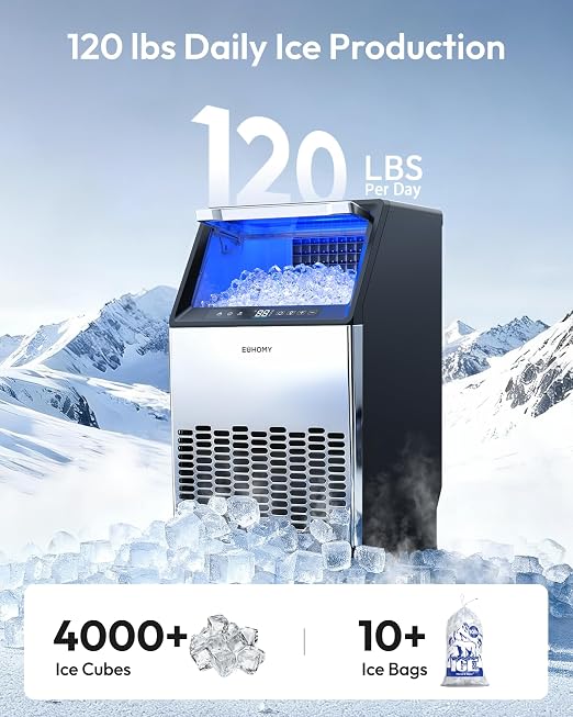 EUHOMY Commercial Ice Maker Machine,120lbs/24H Stainless Steel Under Counter Ice Machine with 33lbs Storage Bin, Freestanding Ice Maker for Home/Bar/Cafe/Restaurant(Mirror-Polished Stainless Steel)