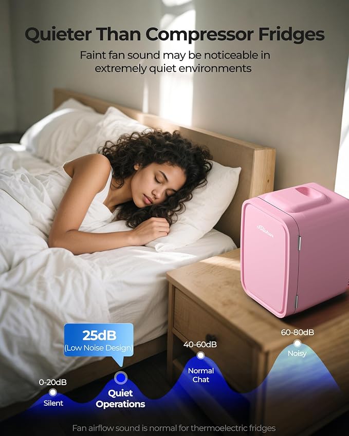 BEICHEN Mini Fridge, 4 Liter/6 Can Portable Refrigerator for Bedroom Office Dorm Car– Fast Cooling, Low Noise, 100-125V AC/5-12V USB Small Compact Refrigerator for Skincare, Food, Drinks(Pink)