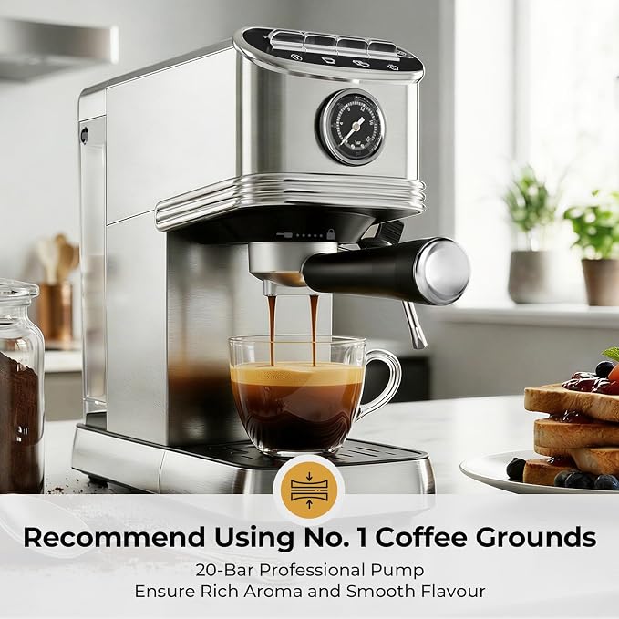 Kismile Espresso Machine with Milk Frother, 20 Bar Compact Espresso Maker with 45 OZ Removable Tank, Stainless Steel Coffee Machine for Home, Office, Latte, Cappuccino Silver