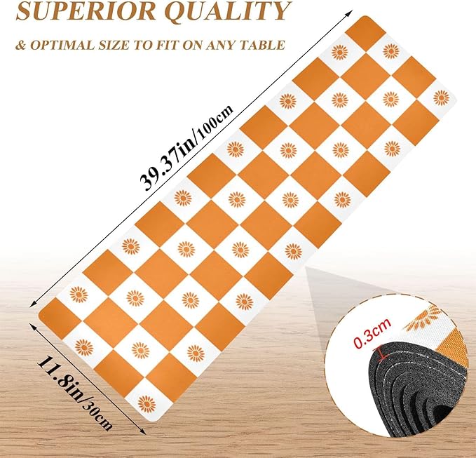 2 in 1 Table Runner Trivet for Hot Pots and Pans Heat Resistant Non Slip Waterproof 39 x 12 Inch Decorative Table Protector for Kitchen Countertop Checkered Orange Sunflowers