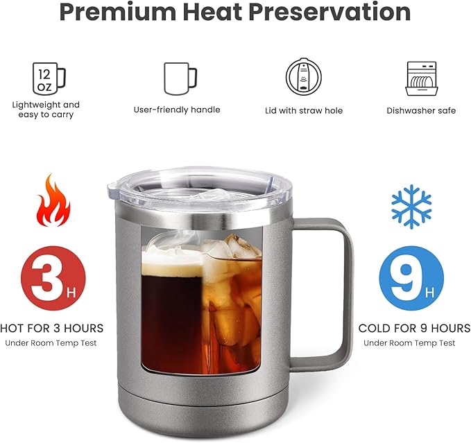 MEWAY 12oz Coffee Mug With Handle and Sliding Lid,Stainless Steel Travel Tumbler Cup with Handle,Double Wall Vacuum Insulated Camping Cup for Hot & Cold Drinks Tea (Cold Grey,Set of 1