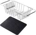 NiuYichee Stainless Steel Dish Drying Rack(15"L x 8.3"W x 4.2"D), Expandable Fruit & Vegetable Drain Rack over Sink, Dish Drainer Rack in Sink, with Stainless Steel Utensil Holder & 16" Silicone Mat