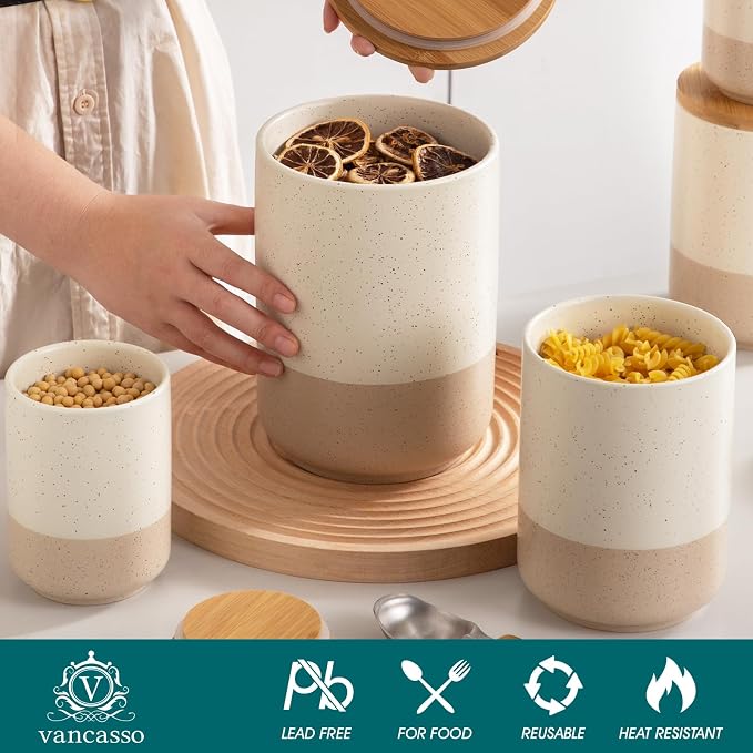 vancasso Sabine Kitchen Canister Set of 3, Ceramic Food Storage Containers with Airtight Wood Lids, Countertop & Pantry Organization for Flour, Sugar, Coffee, Tea & Snacks