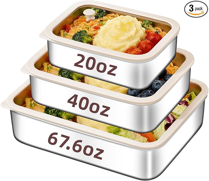 GIUOIDUO 3-Piece Extra Thick 304 Stainless Steel Food Storage Containers with Non-Stick Bottom, Airtight Glass Lids & Silicone Seal, Stackable Kitchen Organization Boxes for Food Preservation