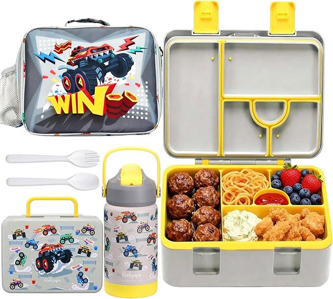 rockpapa Kids Lunch Box Set with 14oz Insulated Water Bottle & Lunch Bag, Leakproof 5.5 Cups Bento Box for School & Children, BPA-Free, Microwave Safe for Boys Girls (Grey Trucks)