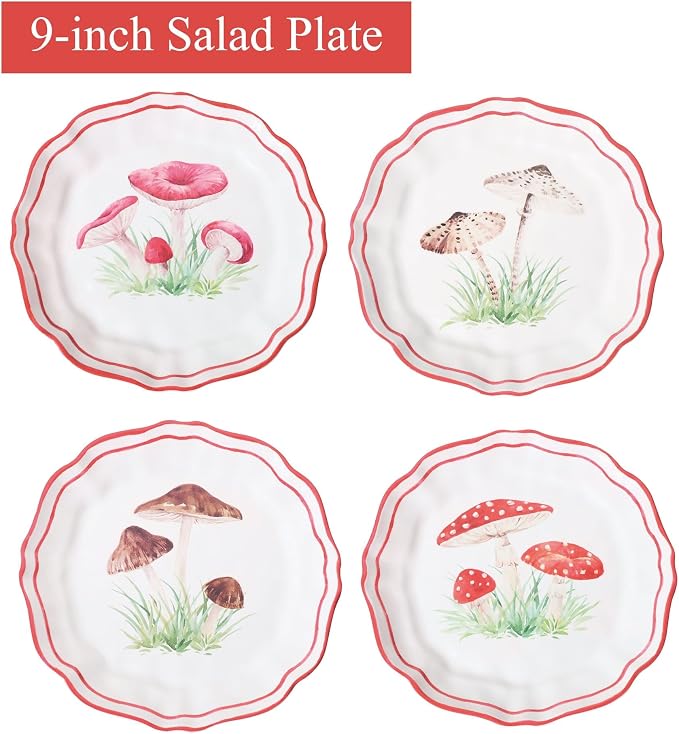 UPware 12 Piece Mushroom Melamine Dinnerware Sets, Outdoor Dishes Set, Plates and Bowls Sets, Service for 4, Red