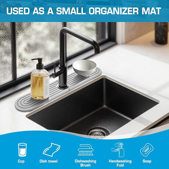 Diatomite Stone Faucet Mat For Kitchen Sink-Absorbent Fast Drying Stone Sink Tray,Faucet Splash Guard Counter,Quick Dry Sink Mat Around Faucet For Kitchen & Bathroom (Light Gray-Oval,15.7" x 4")