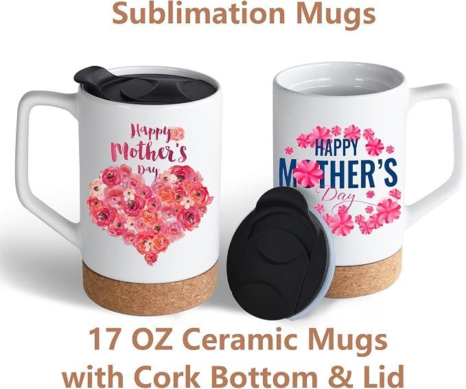 17oz Coffee Mugs,Ceramic Sublimation Mug Set of 6 | Cork Bottom,Spill Proof Lid,Large Mug,Gifts for Mom and Dad,Coffee/Tea/Milk/Latte