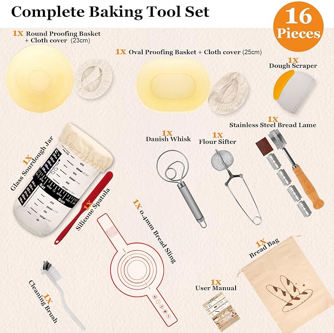 16-Piece sourdough bread baking supplies Set - Foldable Silicone banneton bread proofing basket (Round & Oval) - proofing basket with sourdough tools & jar - Ideal for Home & Pro Bakers