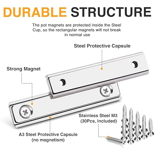 TRYMAG Neodymium Bar Magnets Countersunk, 80 Lbs Rectangle Pull 60x13.5x5mm, 15 Rap Earth Magnet Strip Pack - Wall Mounting, Heavy Duty with Screws