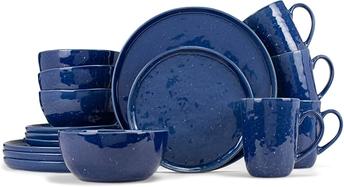 Elanze Designs Shiny Speckled Western Country Style Ceramic Plates Bowls Mugs Dinnerware 16 Piece Set - Service for 4, Blue