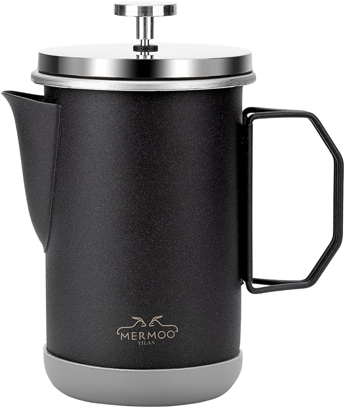 MERMOO YILAN Stainless Steel French Press with Folding Handle 32oz Black | for 4-6 Cups|Also a Milk Frother& Tea Maker|Non-slip Silicone Base|Compact Size for Camping, Travel, Backpacking,RV