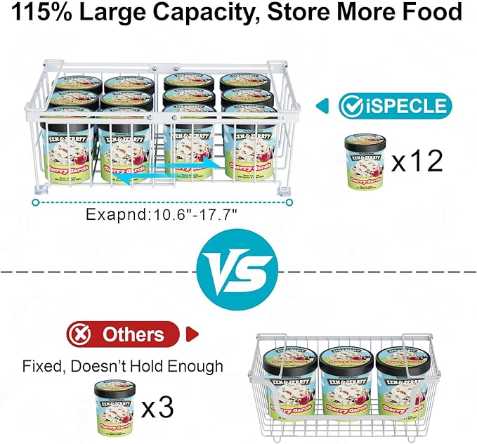 iSPECLE 2 Pack Freezer Organizer Bins - Fit 10 to 20 Cu.Ft Deep Freezer, Expandable Wire Storage Chest Freezer Baskets for Frozen Food, Stackable with Handles, White