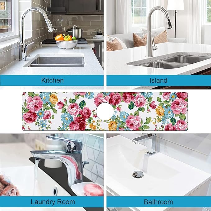 Kitchen Sink Splash Guard Faucet Mat Super Absorbent Fast Drying Mat Sink Gadgets Splash Guard Behind Faucet Drip Catcher for Kitchen (Pink Red Roses Floral, 23.5x5.5in)