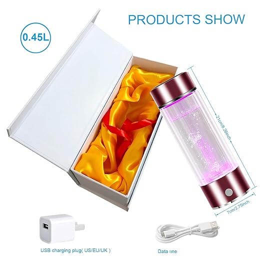 Hydrogen Rich Water Generator Ionizer Maker Cup Portable Cup Filter, 450ML Bottle PHHS Technology Ionizer, USB Rechargeable Anti Aging Antioxidant Glass Bottle (Pink & Purple)