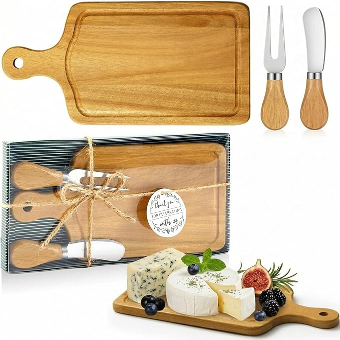 Ziliny 1 Set Bridal Baby Shower Cheese Prizes Wooden Square Board Gift Set Knives Forks Thank You Tags with Box for Guests for Valentines Bridal Baby Shower Housewarming (Teak Wood)