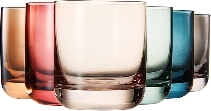 Khen Colored Old-Fashioned Drinking Glasses | Set of 6 | 9.6oz Art Deco Stemmed Glasses for Whiskey, Martini, Cocktail, Champagne, Wine | Muted Pastel Colors
