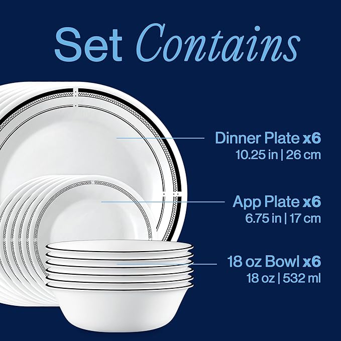 Corelle 18-Piece Round Dinnerware Set Service for 6, Lightweight Round Plates and Bowls Set, Vitrelle Triple Layer Glass, Chip and Scratch Resistant, Microwave and Dishwasher Safe, Brasserie